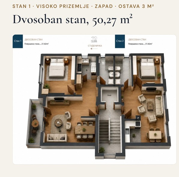 Dvosoban stan Pantelej(Niš) 50,27m², 0 sprat — slika 13