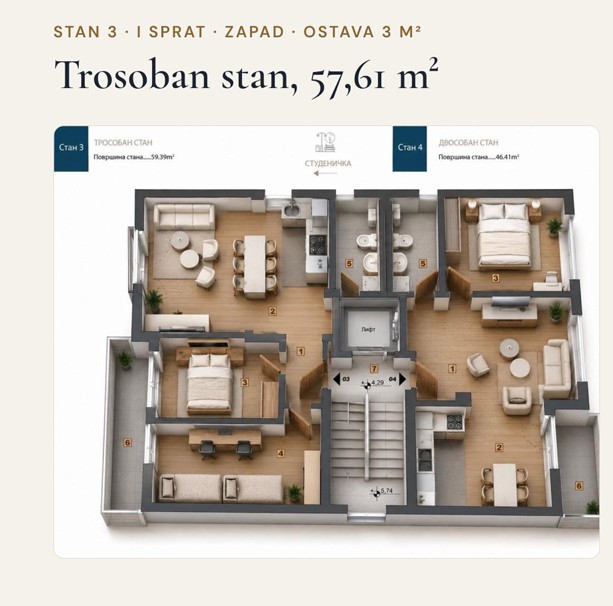 Trosoban stan Pantelej(Niš) 57,61m², 1 sprat — slika 13