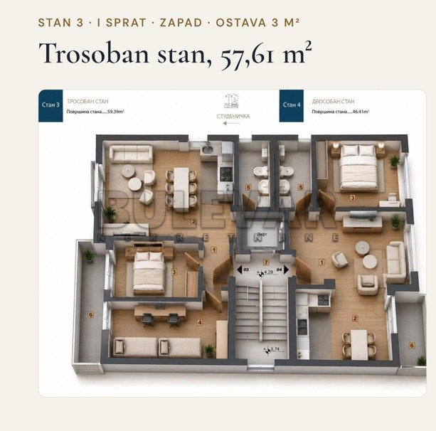 Trosoban stan Pantelej(Niš) 57,61m², 1 sprat — slika 14