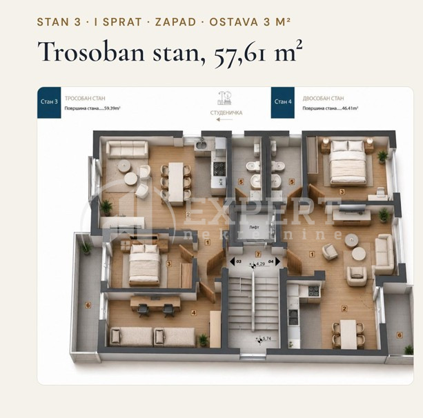 Trosoban stan Pantelej(Niš) 57,61m², 1 sprat — slika 15