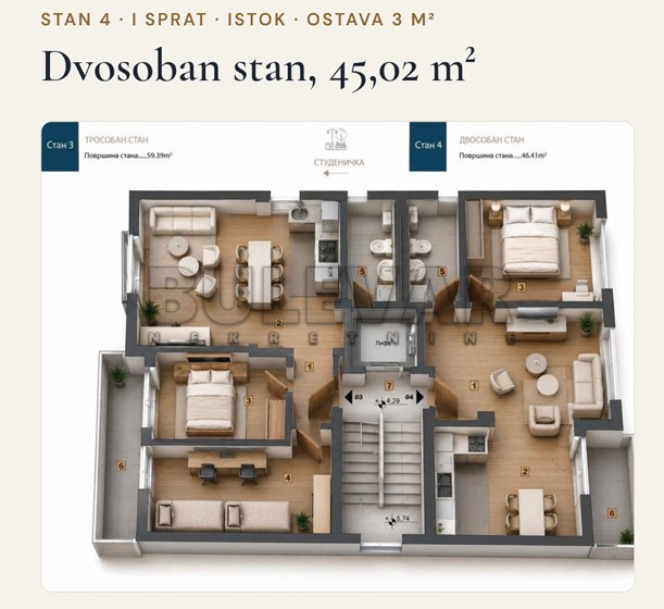 Dvosoban stan Pantelej(Niš) 45,02m², 1 sprat — slika 14