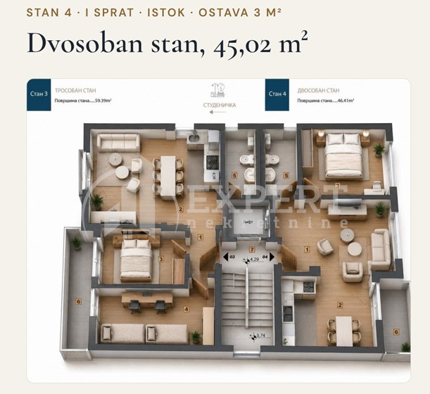 Dvosoban stan Pantelej(Niš) 45,02m², 1 sprat — slika 15