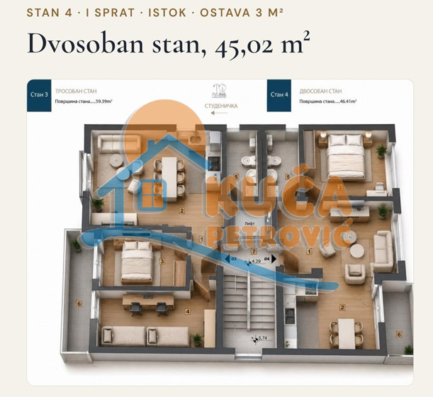 Dvosoban stan Pantelej(Niš) 45,02m², 1 sprat — slika 16