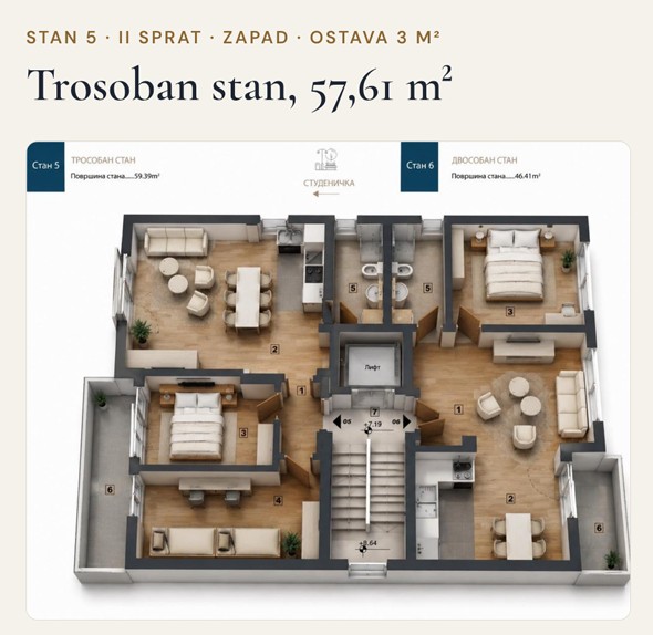 Trosoban stan Pantelej(Niš) 57,61m², 2 sprat — slika 13