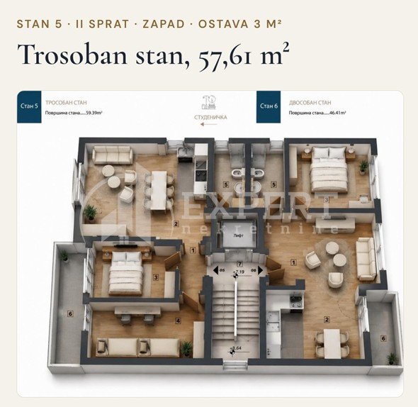 Trosoban stan Pantelej(Niš) 57,61m², 2 sprat — slika 15