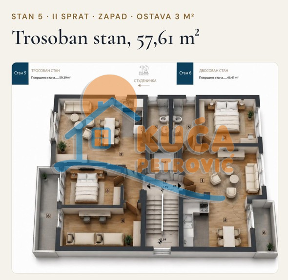 Trosoban stan Pantelej(Niš) 57,61m², 2 sprat — slika 16