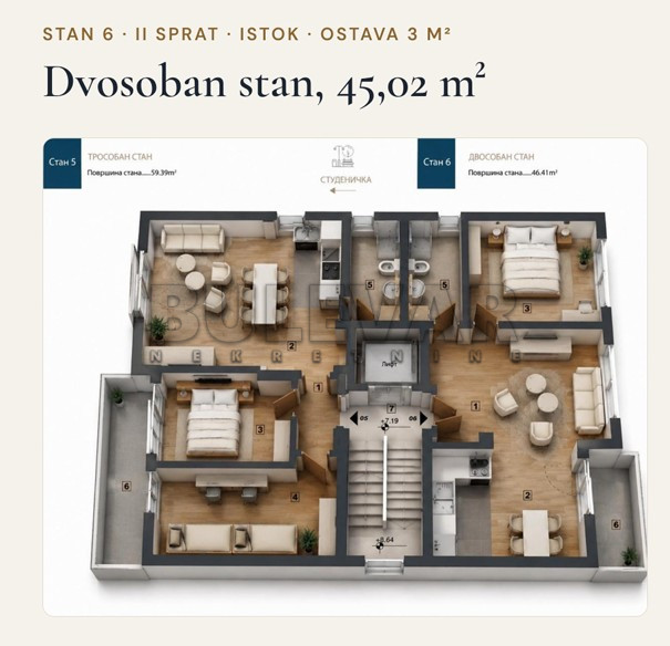 Dvosoban stan Pantelej(Niš) 45,02m², 2 sprat — slika 14