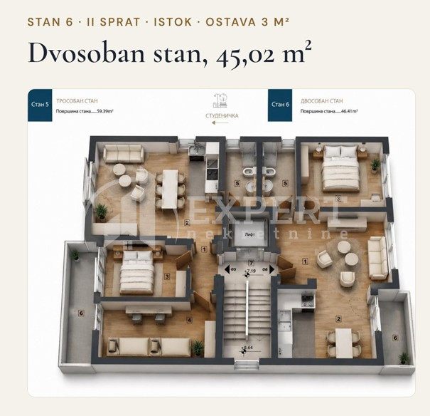 Dvosoban stan Pantelej(Niš) 45,02m², 2 sprat — slika 15