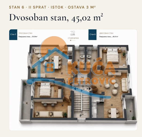 Dvosoban stan Pantelej(Niš) 45,02m², 2 sprat — slika 16