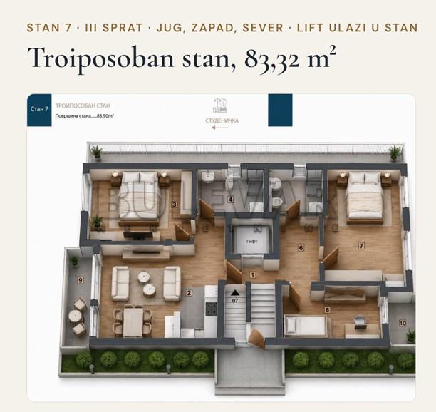 Troiposoban stan Pantelej(Niš) 83,32m², 3 sprat — slika 14