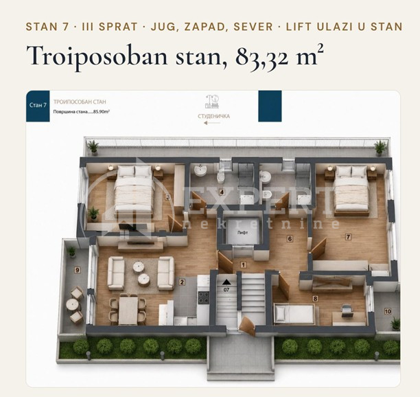 Troiposoban stan Pantelej(Niš) 83,32m², 3 sprat — slika 15