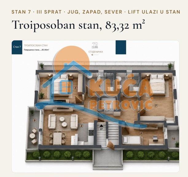 Troiposoban stan Pantelej(Niš) 83,32m², 3 sprat — slika 16